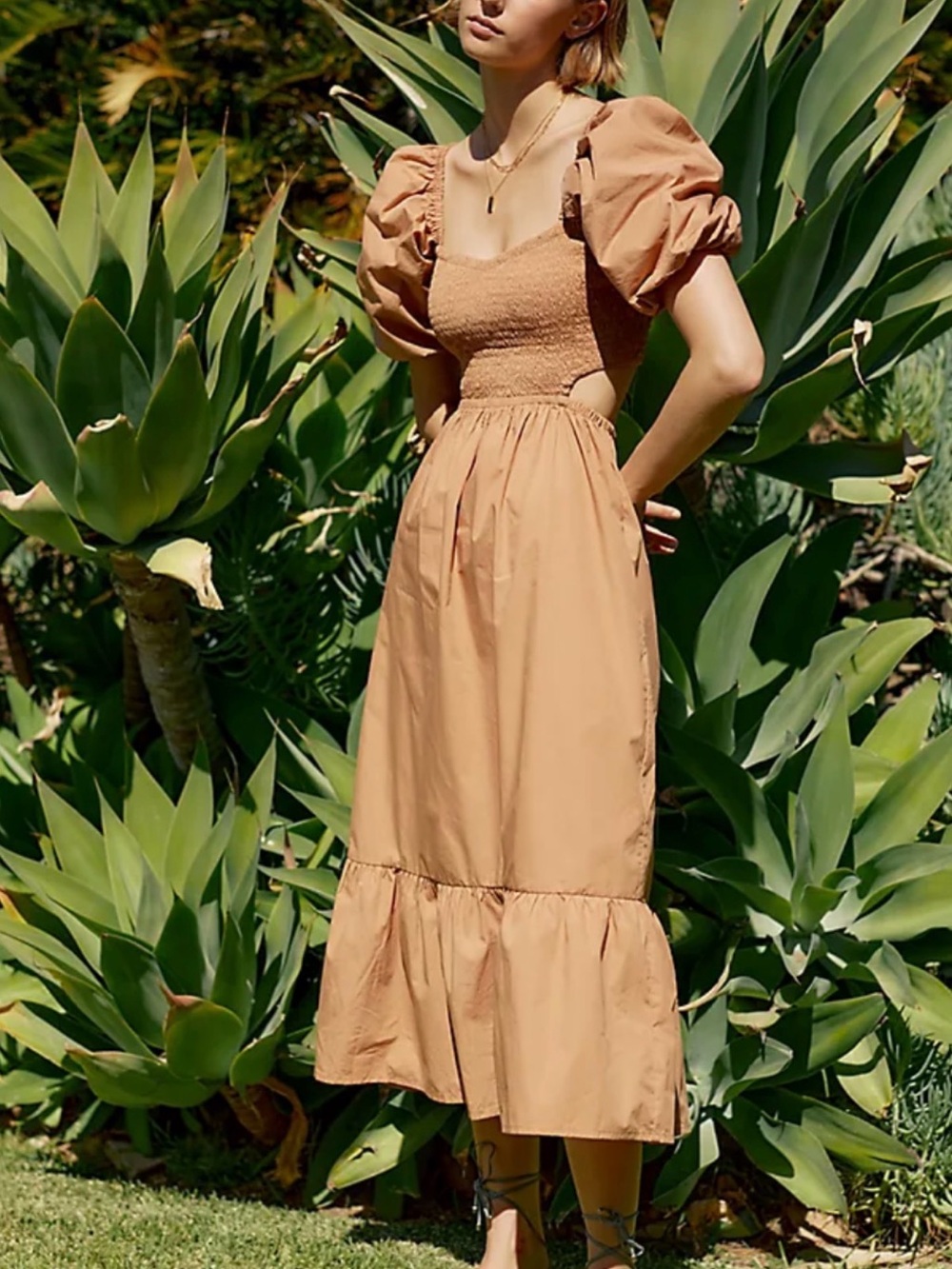 Faithful the brand cotton beige tan tiered ruched dress with cutout